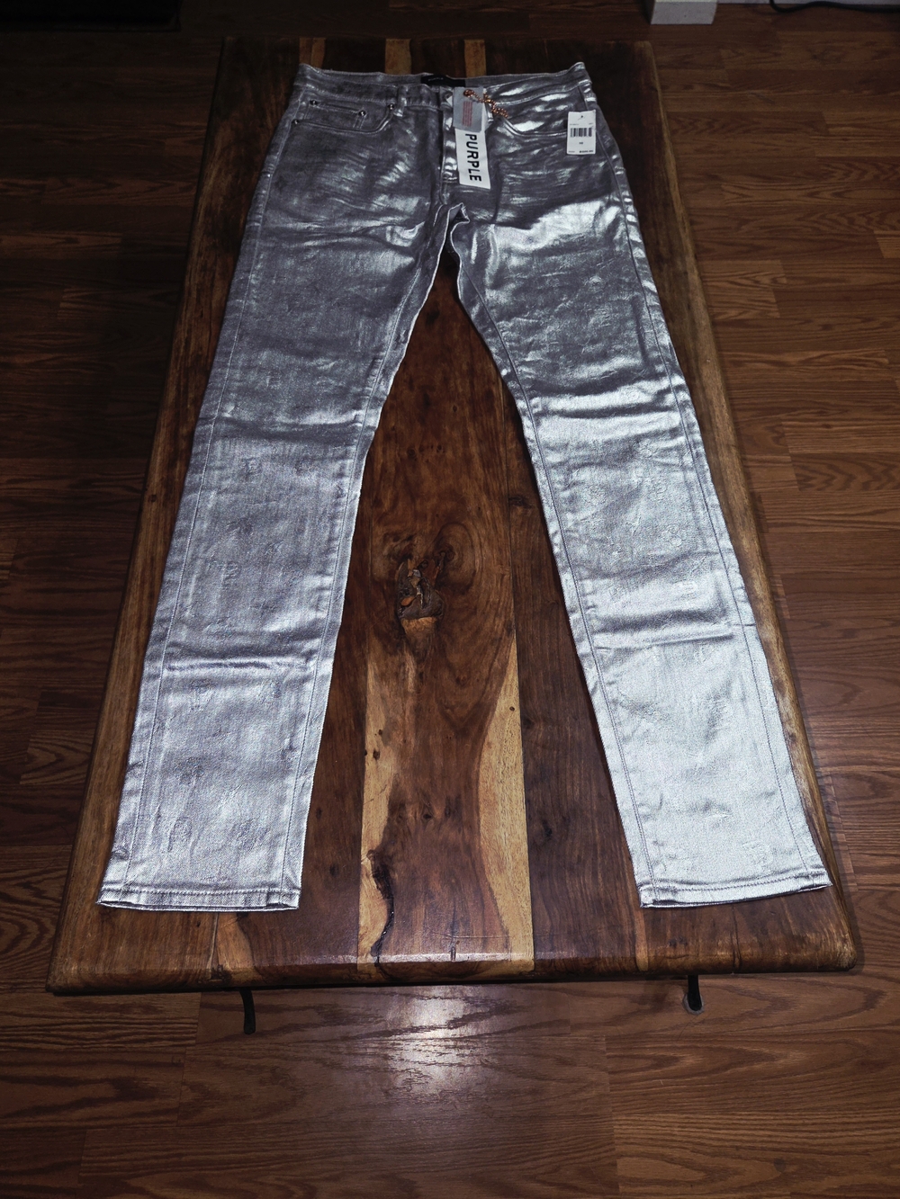 Purple Brand Metallic Monogram Silver Skinny Jeans. Size 38W